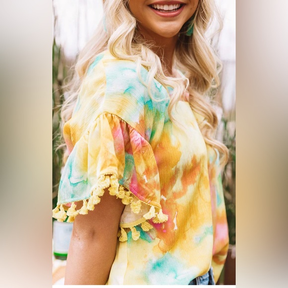 Fate Sun And Fun Watercolor vibrant yellow Top multicolored Short Sleeves size S - Picture 7 of 10